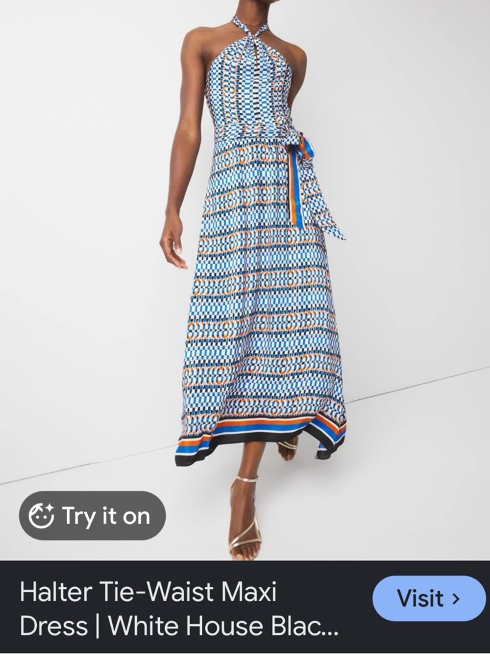White House Black Market Blue White Halter Tie-Waist Maxi Dress